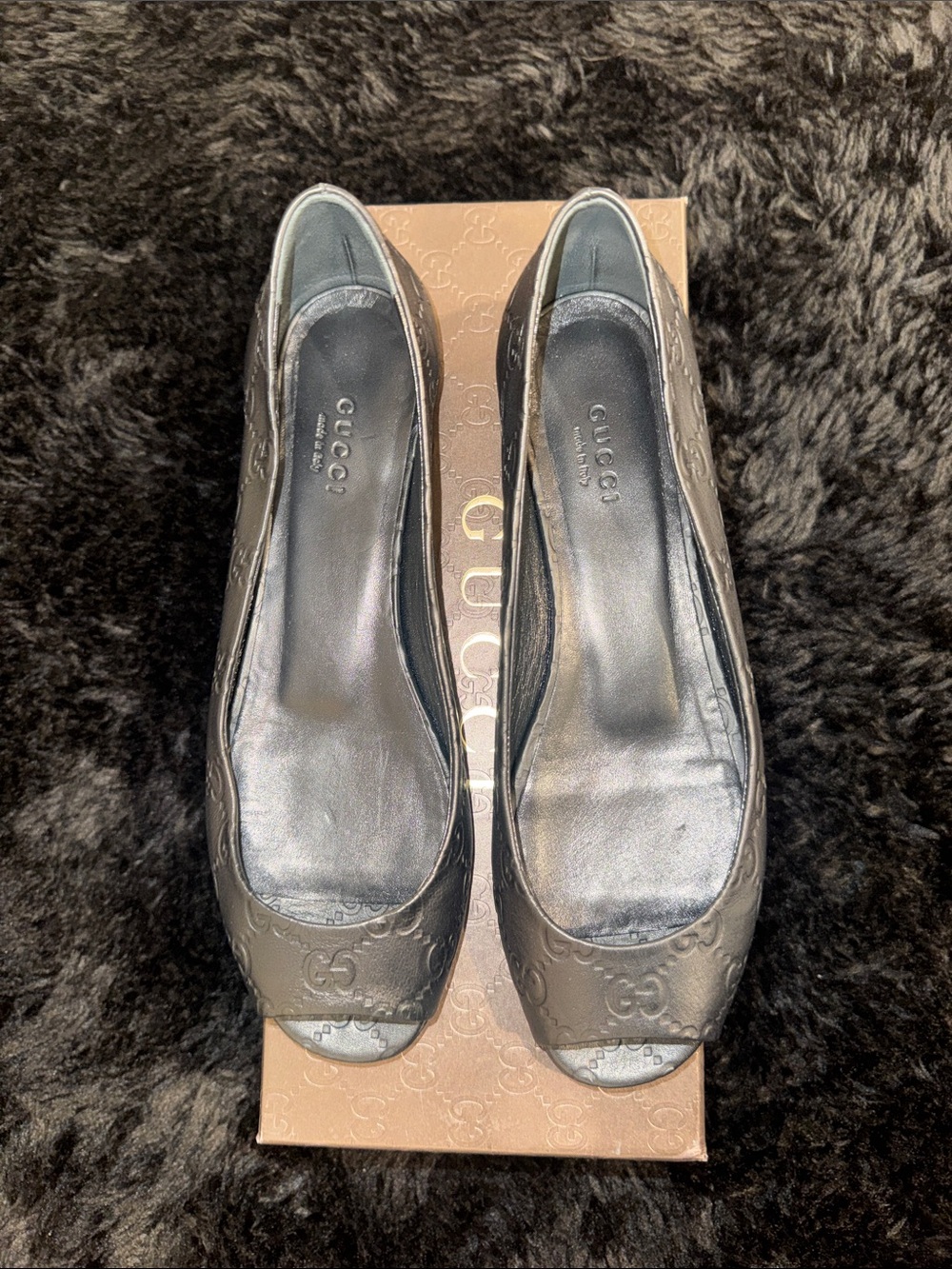 Gucci Embossed Leather Peep-Toe Flats